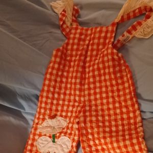 Vintage Red White Gingham lace embroidered prairie 70s overall suit girls kids